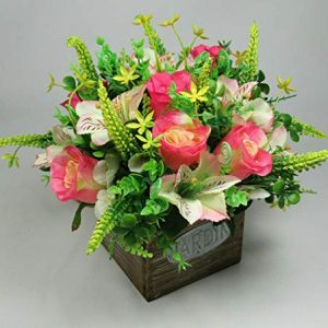 Flower arrangement in Wooden pot all Round Artificial/Silk flowers 23cm FREE PP