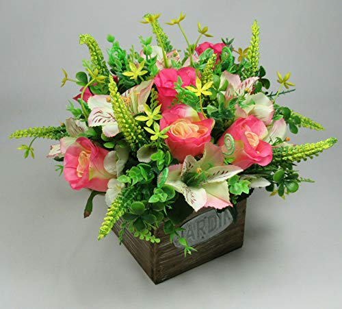 Flower arrangement in Wooden pot all Round Artificial/Silk flowers 23cm FREE PP