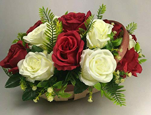 Artificial Rose  Basket Trug Arrangement -wooden Trug Red/White Roses Free P