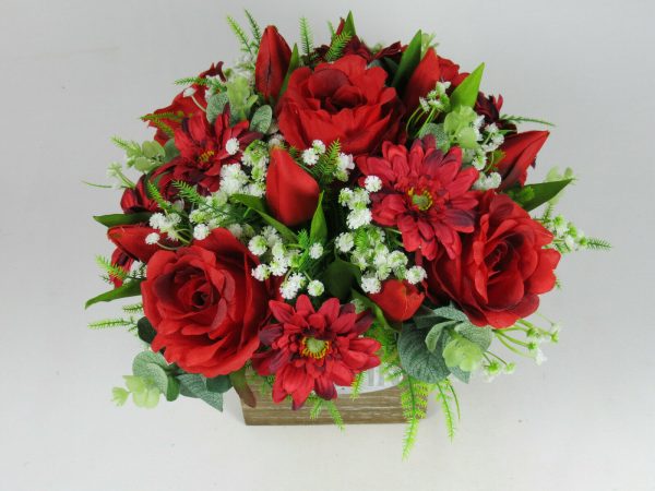 Table arrangement in Wooden pot all Round Artificial/Silk flowers FREE PP
