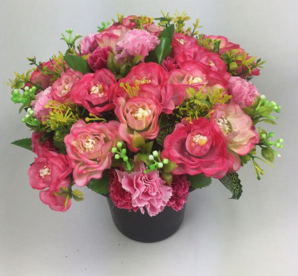 Artificial silk flowers memorial Crem Pot - Grave arrangement Pink 20cm Rose mix
