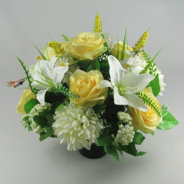 Large grave arrangement with lemon open roses and ivory lilies