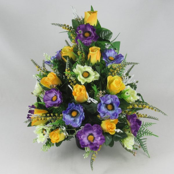 Bright front facing/flatback grave arrangement with yellow roses and purple anemones - Image 2