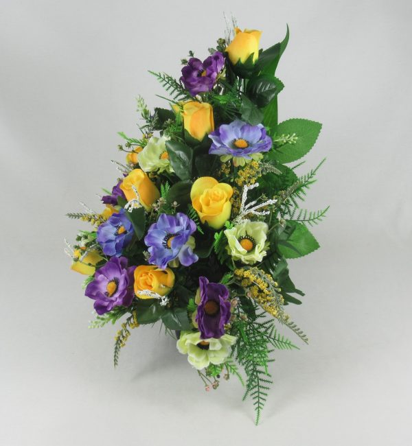 Bright front facing/flatback grave arrangement with yellow roses and purple anemones - Image 3