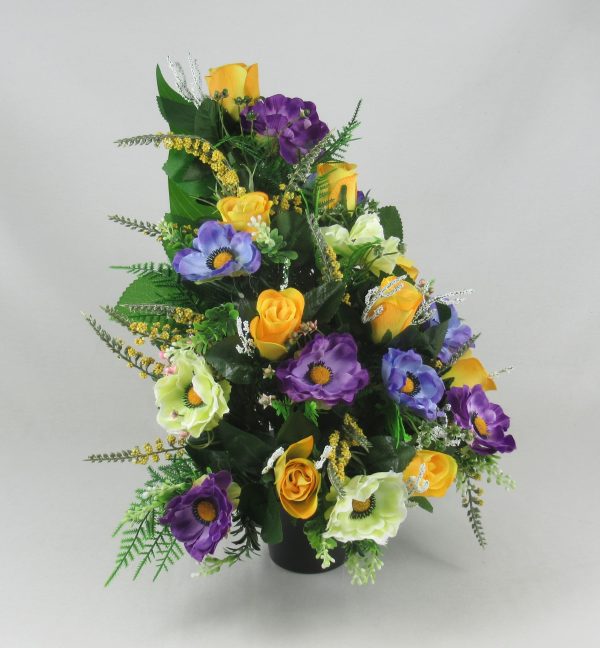 Bright front facing/flatback grave arrangement with yellow roses and purple anemones - Image 4