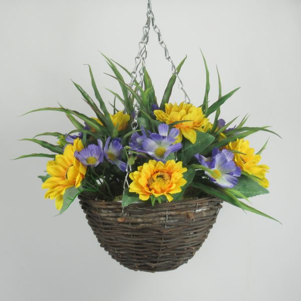 Hanging basket with faux-sunflowers and cosmos