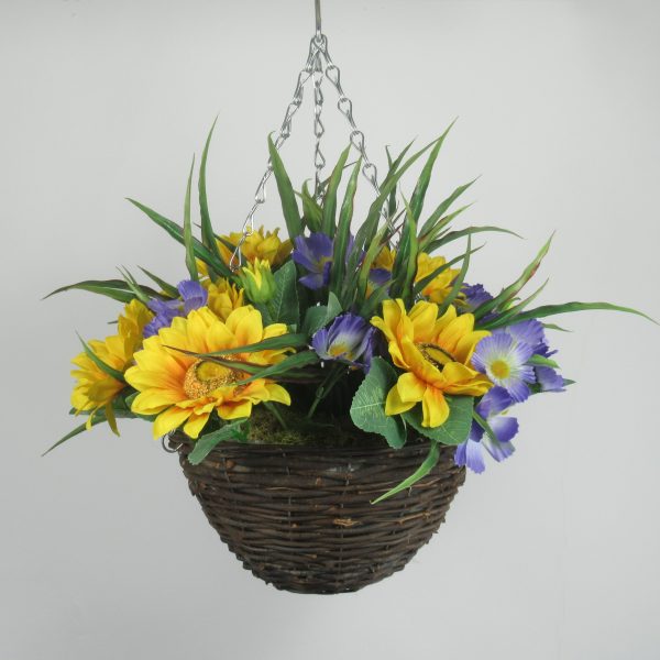 Hanging basket with faux-sunflowers and cosmos - Image 4