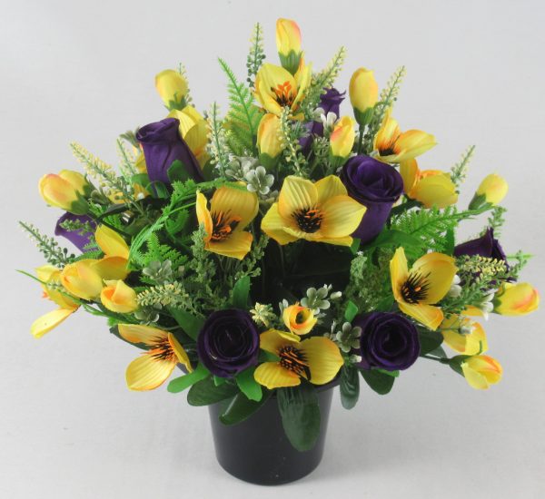 Yellow and purple Artificial/Silk Flower Grave Arrangement with Alstromeria and Roses