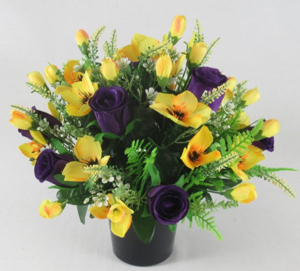 Yellow and purple Artificial/Silk Flower Grave Arrangement with Alstromeria and Roses - Image 2