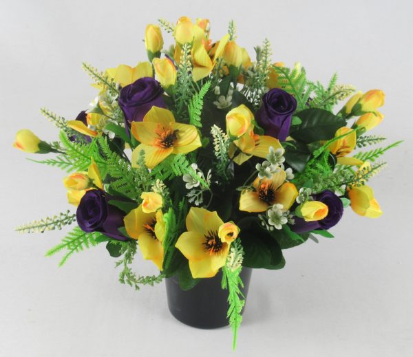 Yellow and purple Artificial/Silk Flower Grave Arrangement with Alstromeria and Roses - Image 3