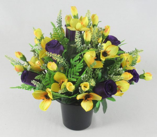 Yellow and purple Artificial/Silk Flower Grave Arrangement with Alstromeria and Roses - Image 4