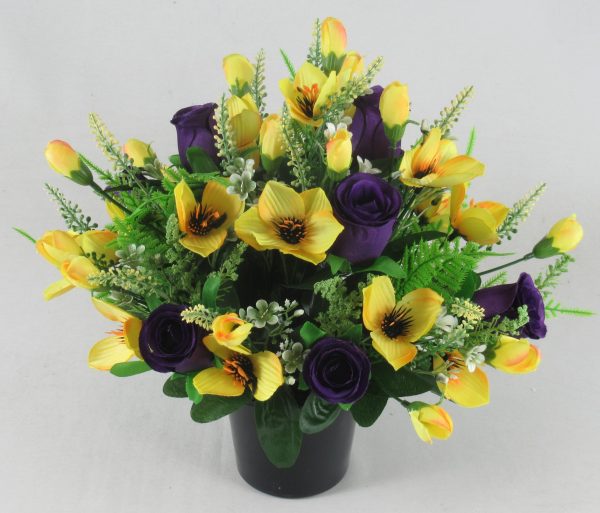 Yellow and purple Artificial/Silk Flower Grave Arrangement with Alstromeria and Roses - Image 5