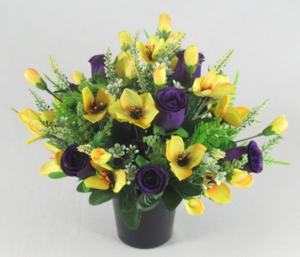 Yellow and purple Artificial/Silk Flower Grave Arrangement with Alstromeria and Roses - Image 6