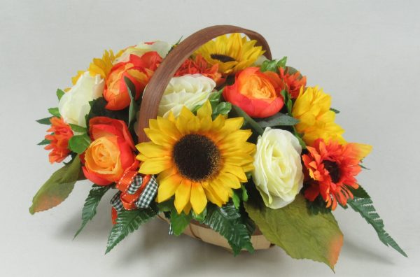 Artificial trug basket arrangement in autumn colours featuring sunflowers - Image 2