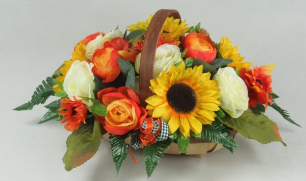 Artificial trug basket arrangement in autumn colours featuring sunflowers - Image 4