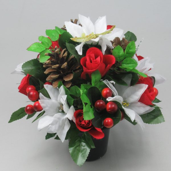 Christmas Grave flower arrangement with red rosebuds and white poinsettias and pine cones - Image 3