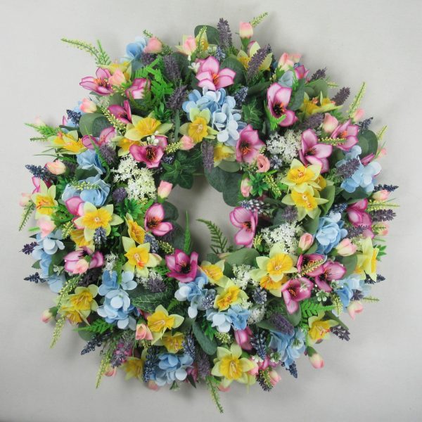 Luxury large open grave wreath tribute with artificial daffodils, hydrangea and alstroemeria 18 inch