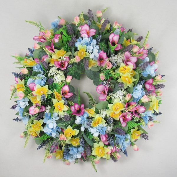 Luxury large open grave wreath tribute with artificial daffodils, hydrangea and alstroemeria 18 inch - Image 2