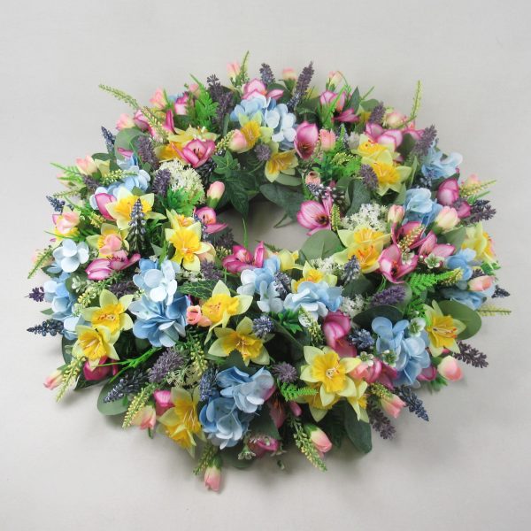 Luxury large open grave wreath tribute with artificial daffodils, hydrangea and alstroemeria 18 inch - Image 4