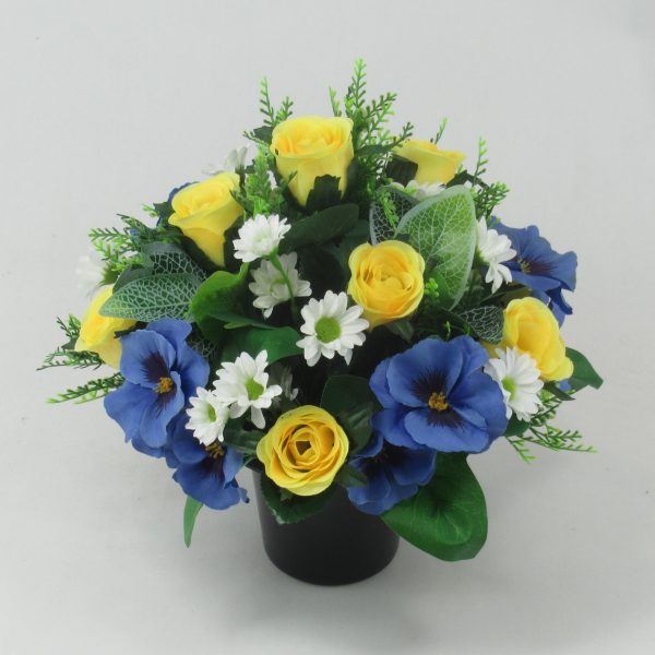 Artificial Grave Flower Arrangement with Yellow Rosebuds, Blue Pansies and White Daisies 24cm